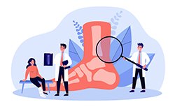 Foot or toe trauma concept. Podiatry doctor giving X ray to patient with plaster on ankle. Vector illustration for podiatrist, physical therapist, feet disease treatment, surgery topics